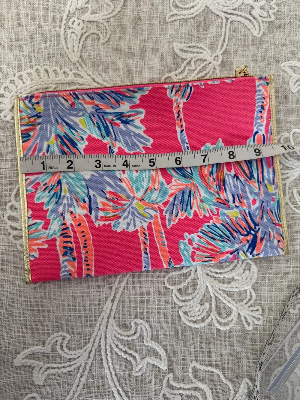 Lilly Pulitzer Pink Tropical Palm Pattern Top Zip Case with Gold Tone Trim